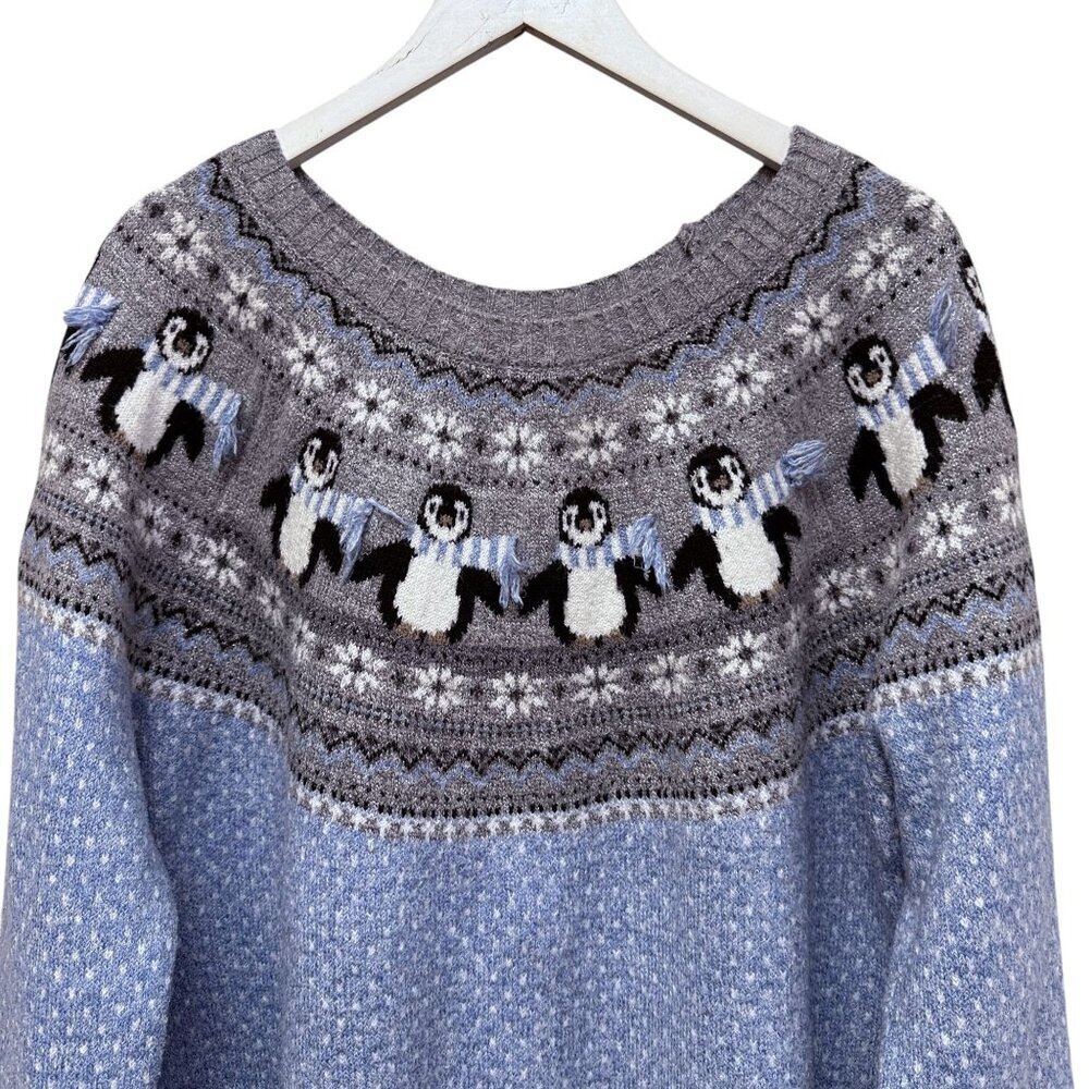 HOLIDAY TIME Penguins Fair Isle Christmas Sweater Womens XXL Blue Gray - Picture 2 of 7